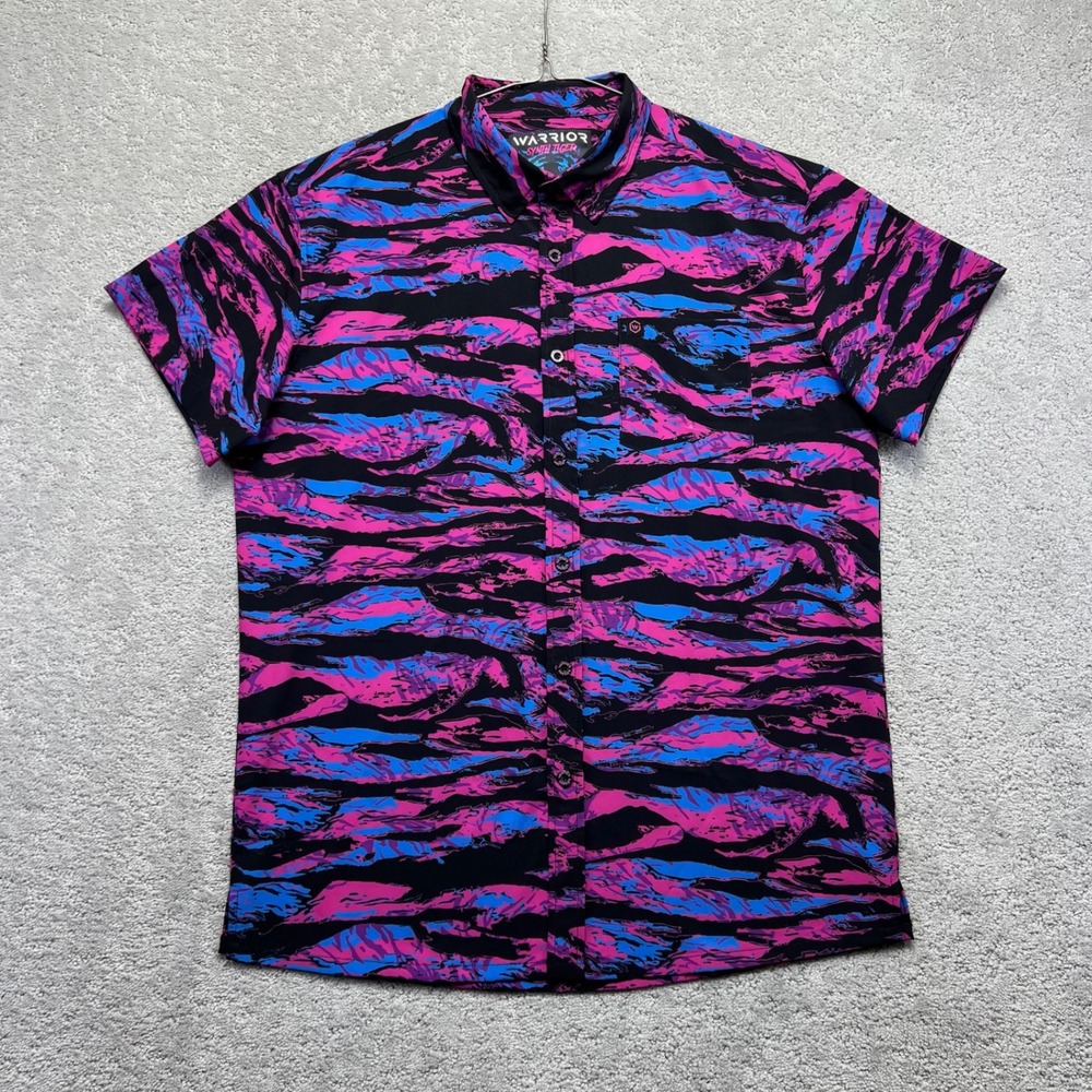 Warrior Synth Tiger Shirt Mens Large Neon Pink Blue Tiger Camo Button Down